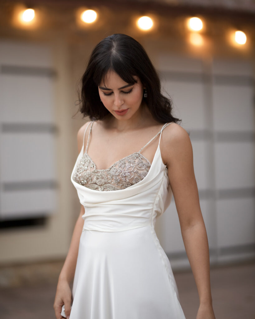 spaghetti strap wedding gown